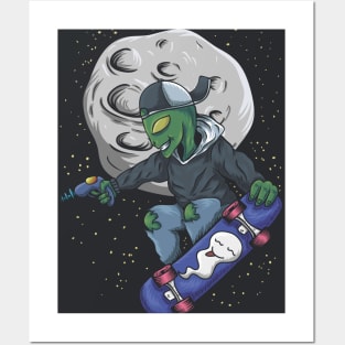 alien skateboarding in space hoodie and Posters and Art